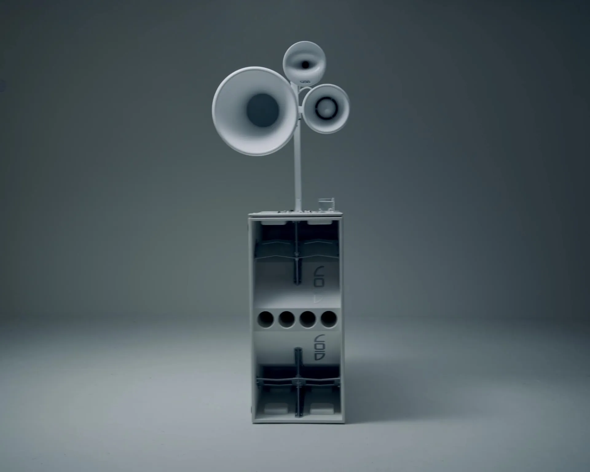A white Void Acoustics stack on set for the LOX AND CHAIN campaign