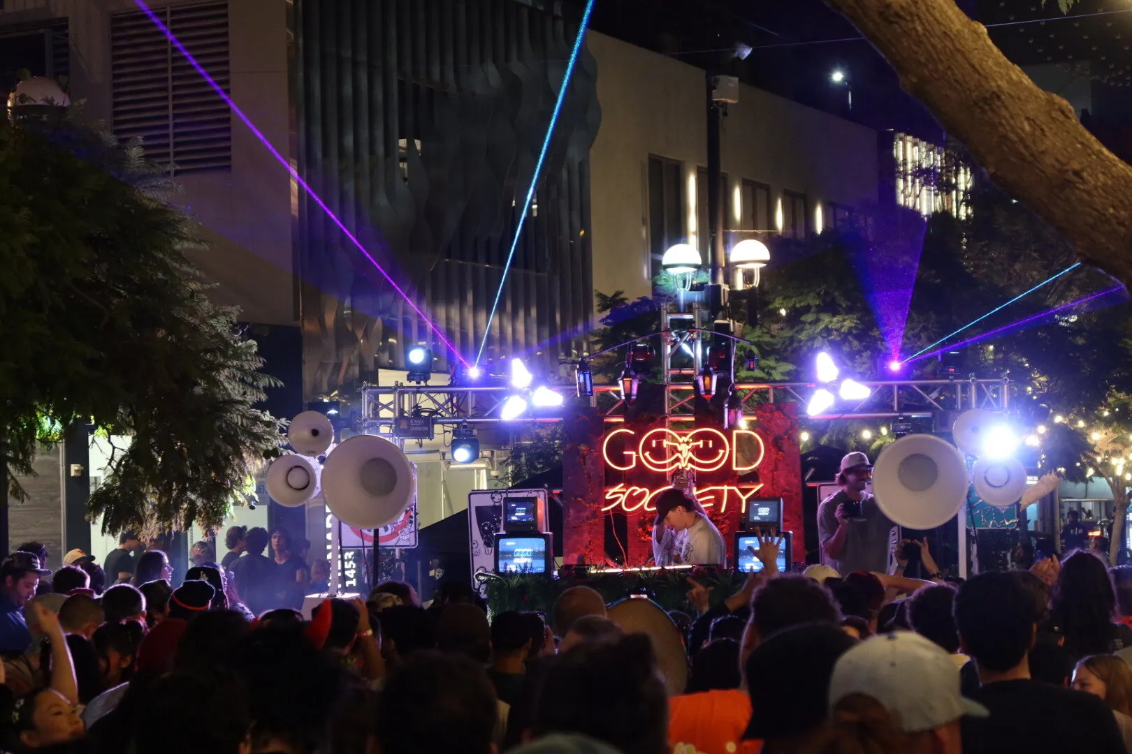 Good Society stage at Santa Monica Block Fest with white Void Acoustics horns, lasers, and a packed crowd at night